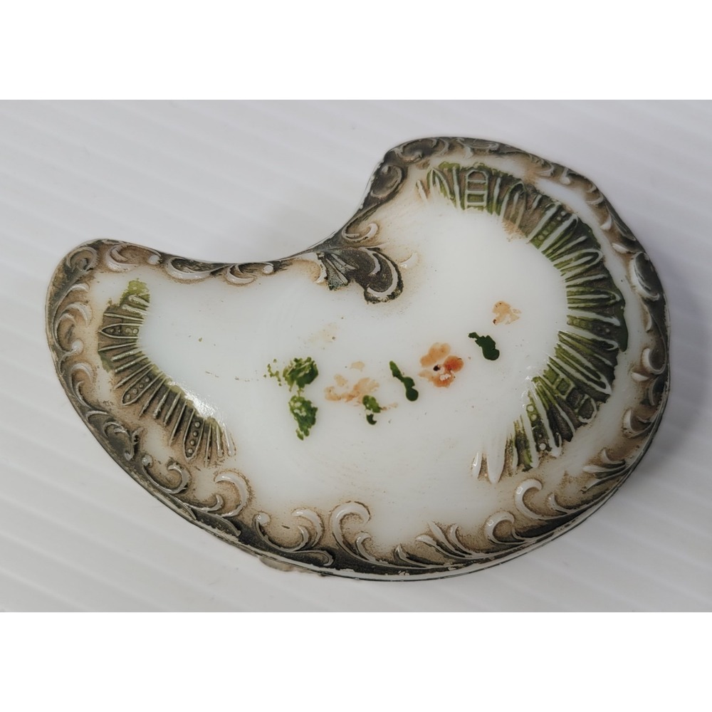 Antique Milk Glass Hand Painted Paisley Shaped Trinket Box w/‎ Lid RARE
